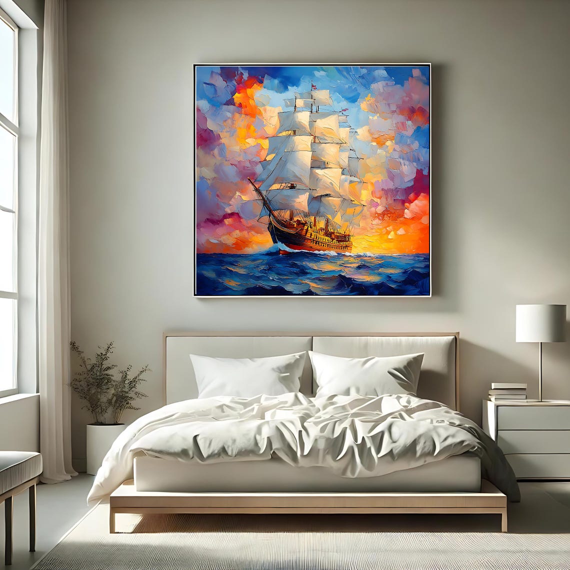 Tall Sailing Ship Sunset Full Sails Vibrant Ocean Seascape Wall Poster - Image 2