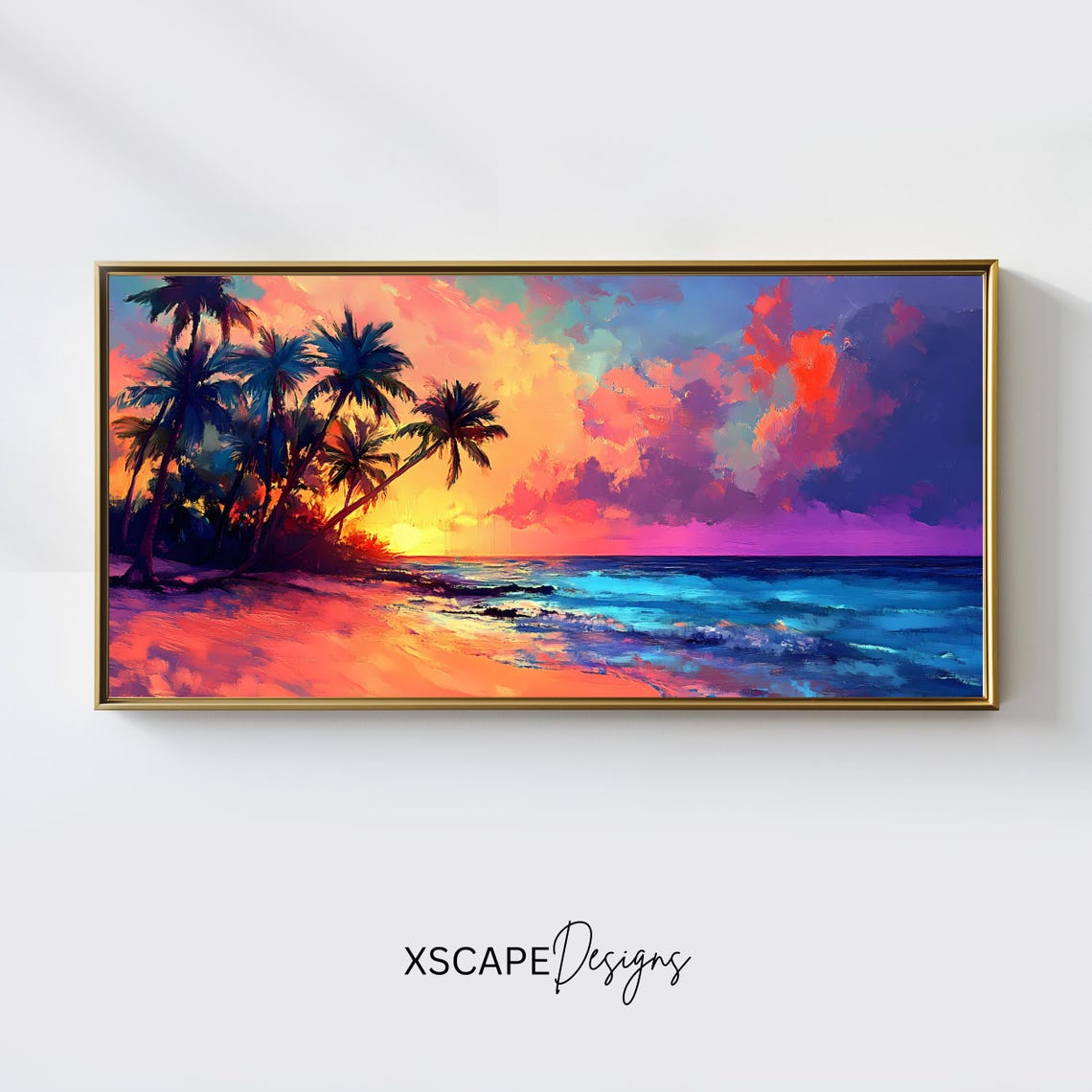 Tropical Beach Sunset Palm Trees Neon Pink Ocean Waves Travel Poster