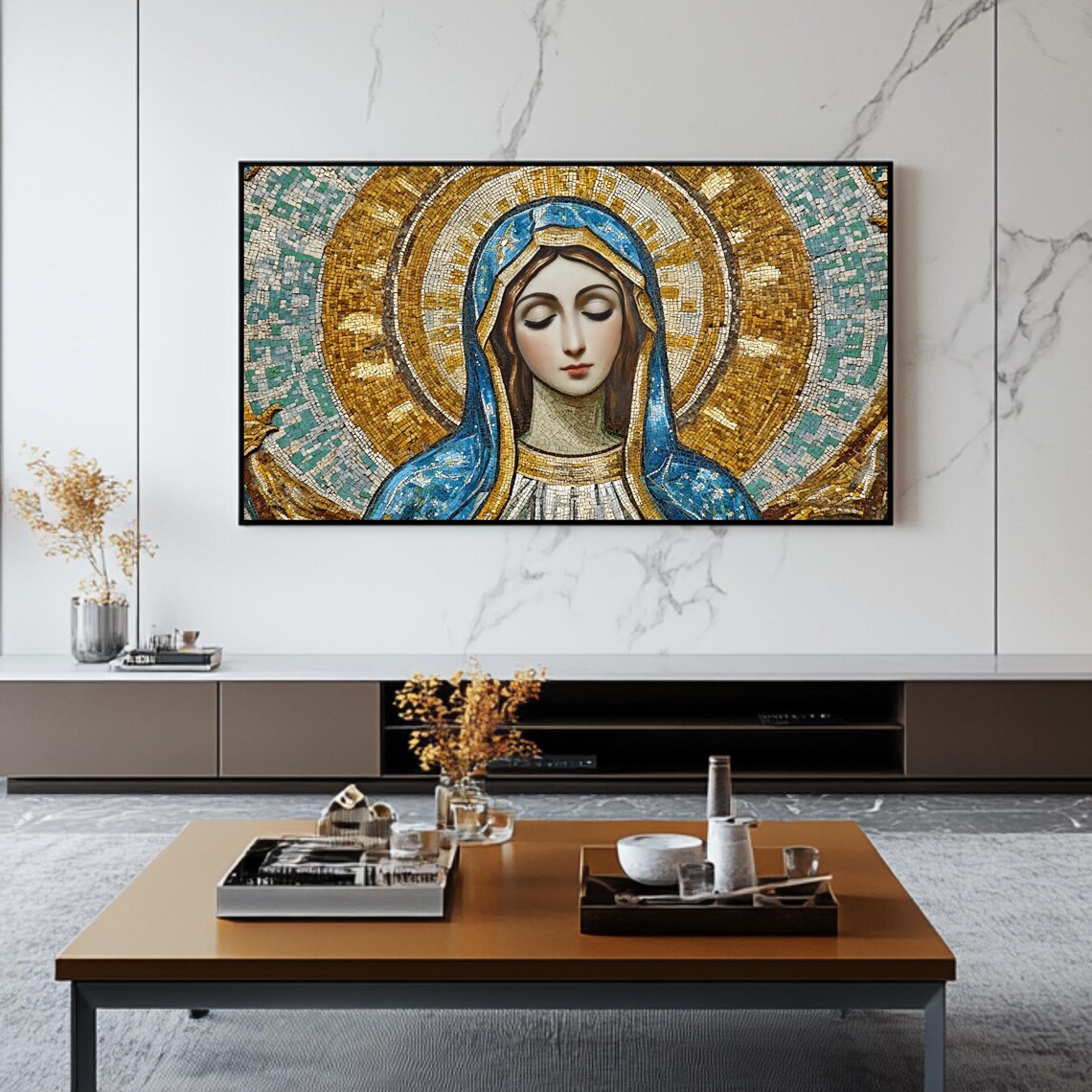 Virgin Mary Mosaic Portrait Gold Halo Blue Veil Byzantine Art Poster - Image 2