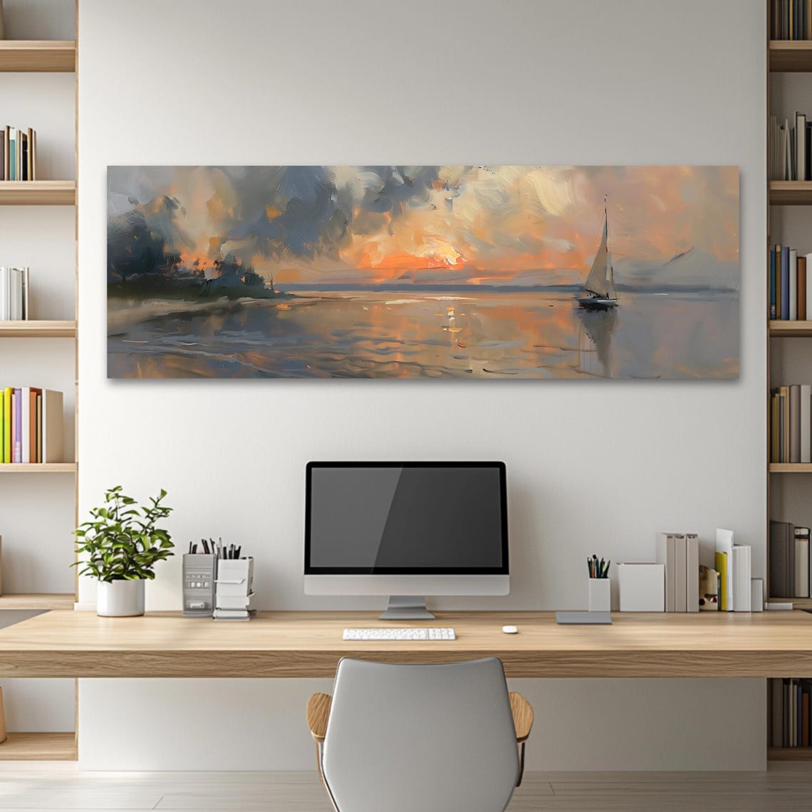 Sailboat Wall Art Long Horizontal Narrow Print Elegant Sunset Landscape Artwork For Above Couch Or Bed - Image 2