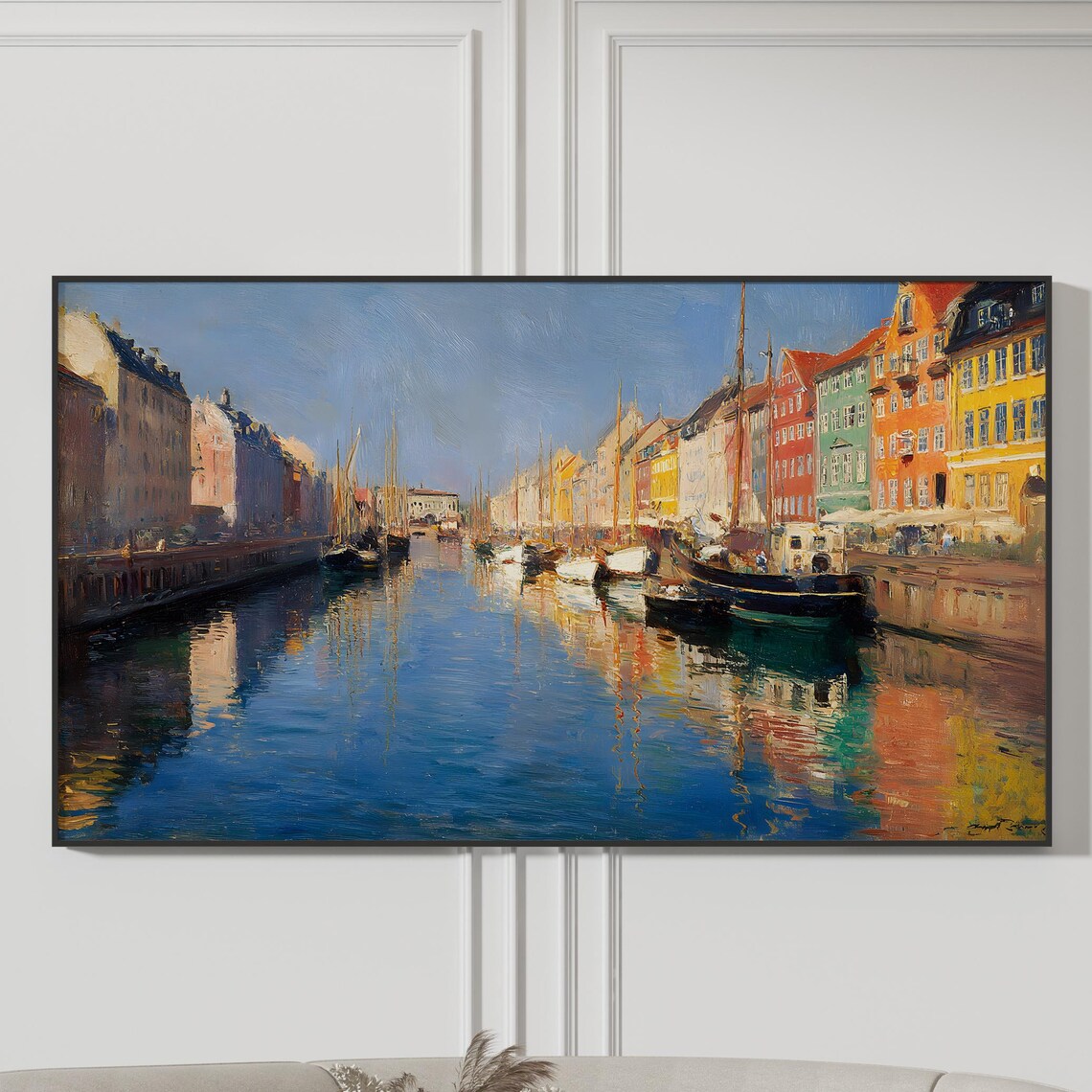Colorful European Harbor Waterfront Houses Boats Painting Poster Art