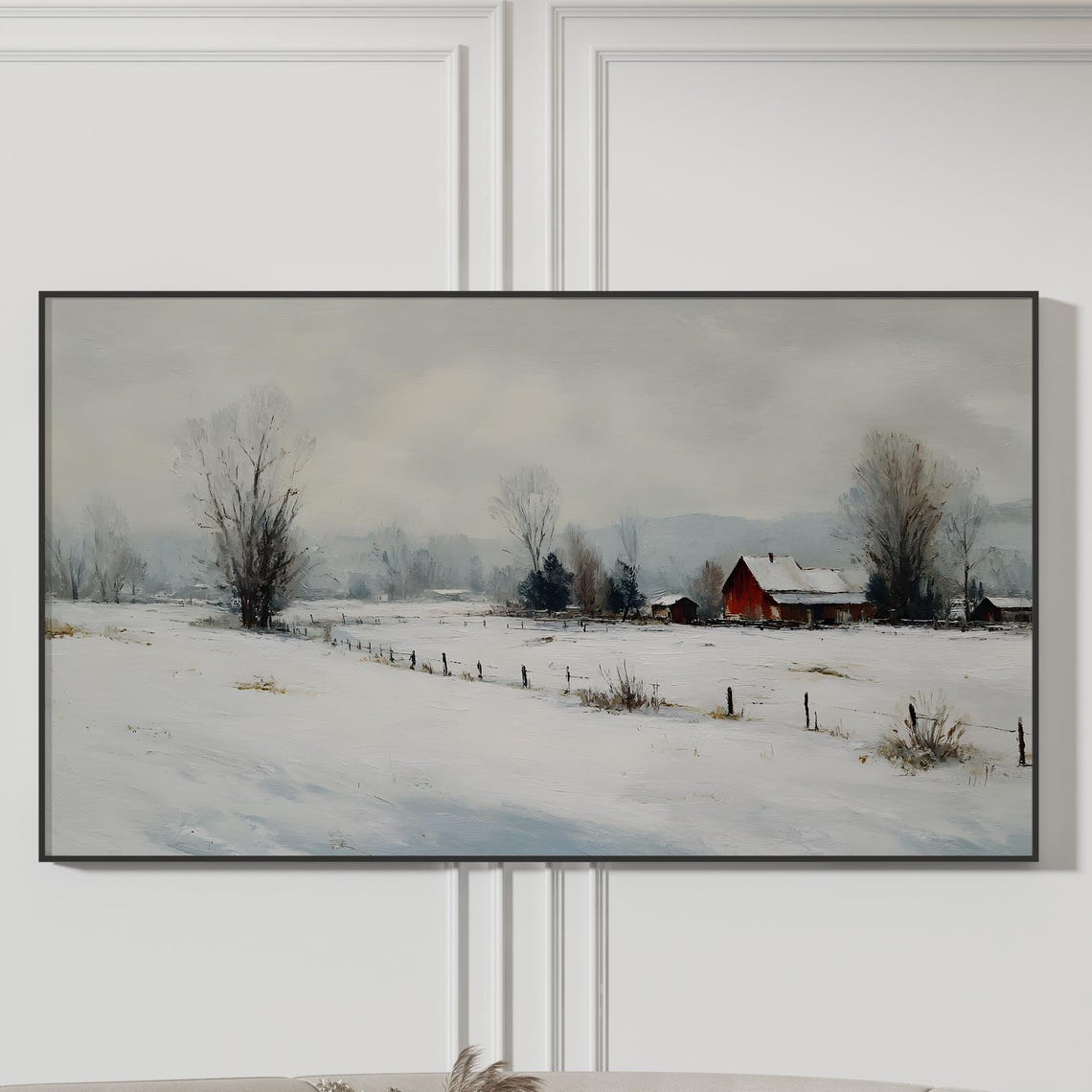 Red Barn Winter Landscape Painting Snowy Farmhouse Scene Art Print