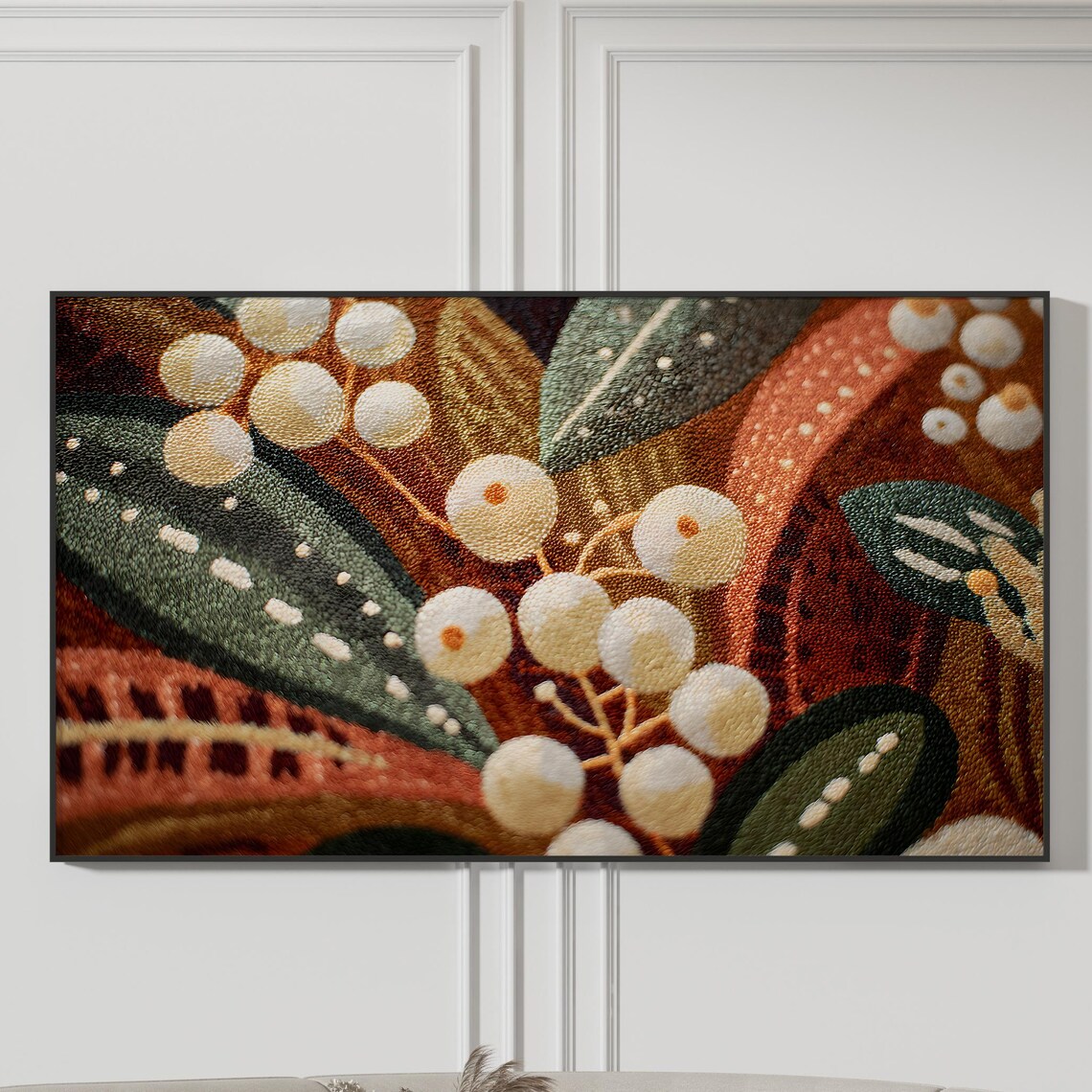 Embroidered Botanical Art Print Earthy Leaves Rustic Fall Decor