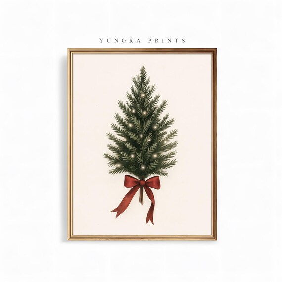 Minimalist Pine Branch Red Bow Christmas Neutral Holiday Poster
