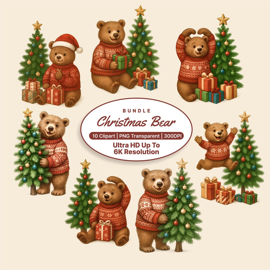 Christmas Bear Teddy in Red Sweaters Festive Holiday Art Poster