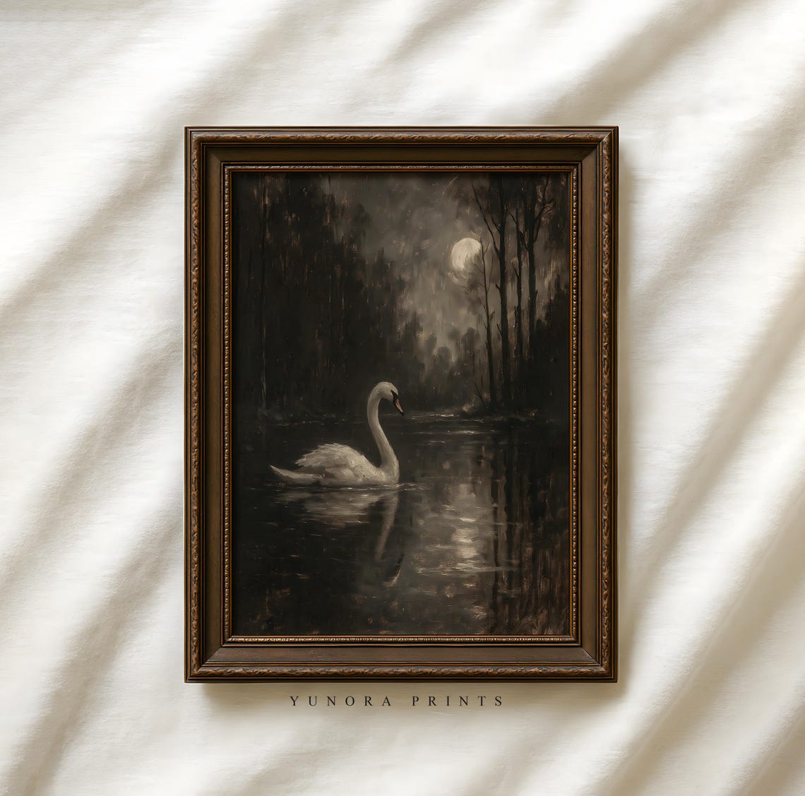 Moonlit Swan Gliding on Dark Lake Moody Oil Painting Vintage Print