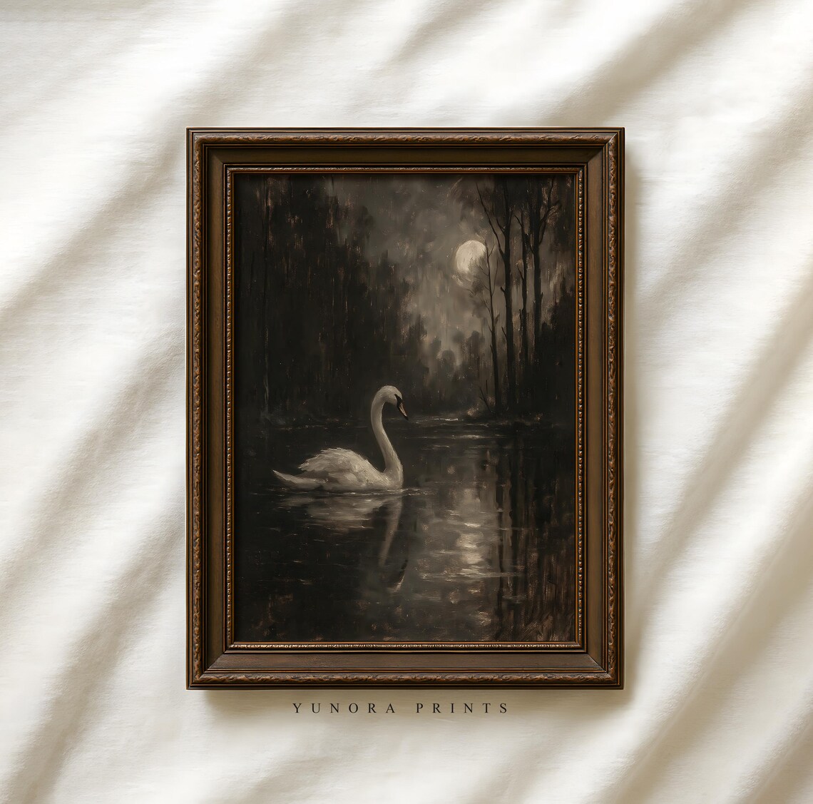 Vintage Mystical Swan Under Moonlight Print Dark Forest Lake Painting Spooky Elegant Academia