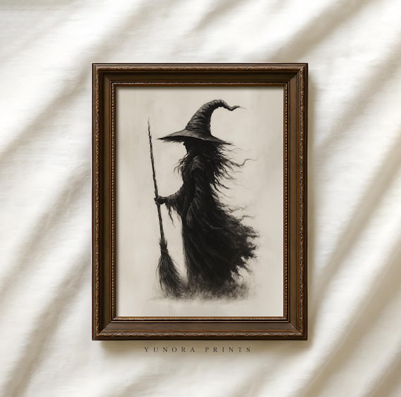 Dark Witch Silhouette Halloween Art Print With Broom Spooky Gothic Wall Decor