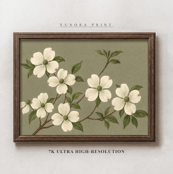 White Dogwood Botanical Print Minimalist Floral Wall Art Home Decor