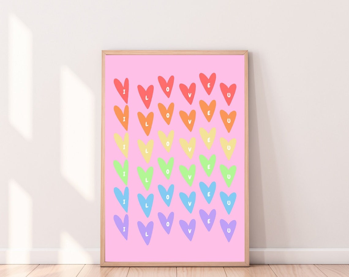I Love U Rainbow Hearts Pink Valentines Day Love Wall Decor Poster - Image 3