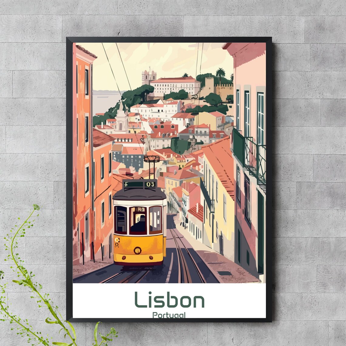 Lisbon Portugal Yellow Tram Old Town Street Scenic Travel Poster