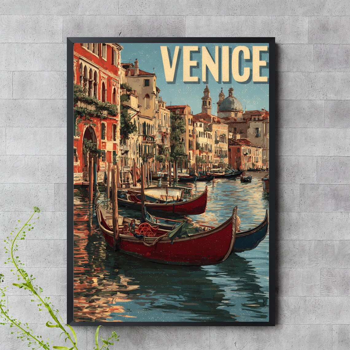 Venice Italy Vintage Canal Gondola Retro Travel Scene Poster