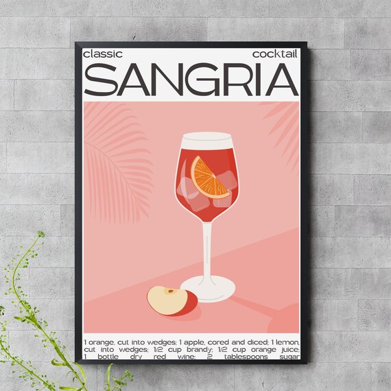 Classic Sangria Cocktail Recipe Pink Wine Glass Fruit Wall Decor Poster