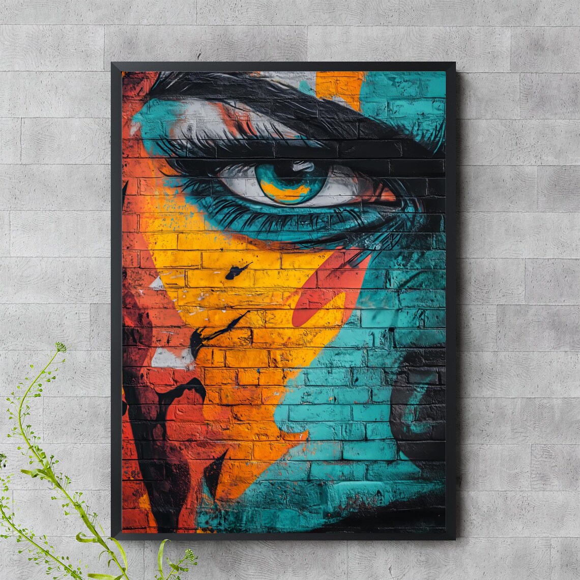 Urban Eye Graffiti Art Bold Colorful Face on Brick Wall Street Art Poster