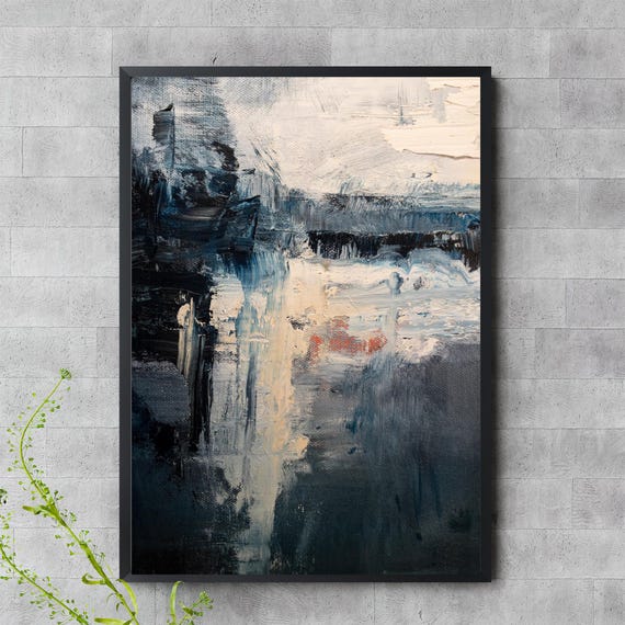 Moody Abstract Oil Painting Wall Art Navy And Beige Print Modern Textured Artwork For Home Or Office Decor