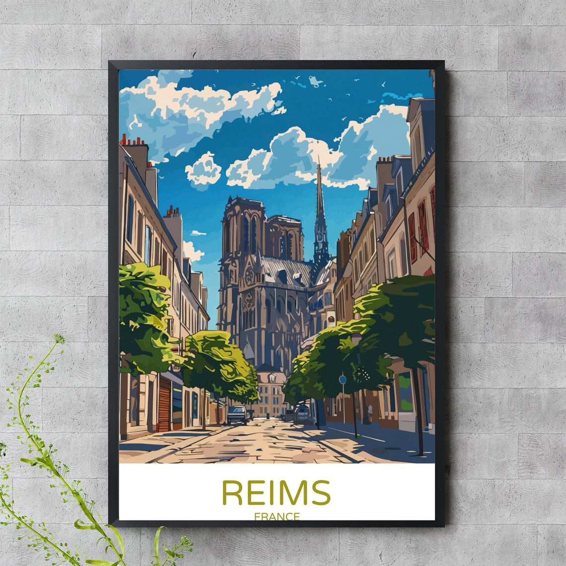 Reims France Cathedral Street European Architecture Vintage Poster Art