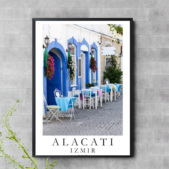 Alacati Izmir Turkey Blue Door Street Cafe Aegean Travel Poster