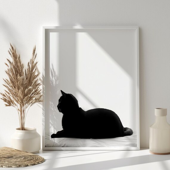 Black Cat Silhouette Minimalist Sunlit Windowsill Modern Cat Wall Art Print