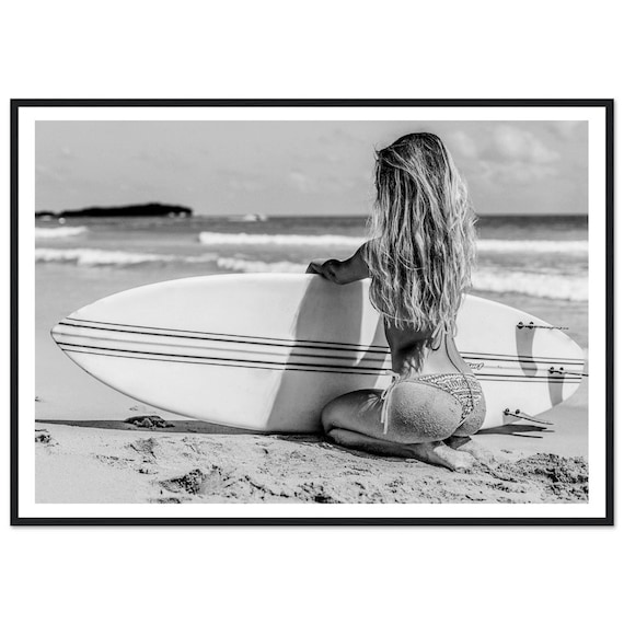 Black And White Surfer Woman Surfboard Beach Coastal Photo Poster