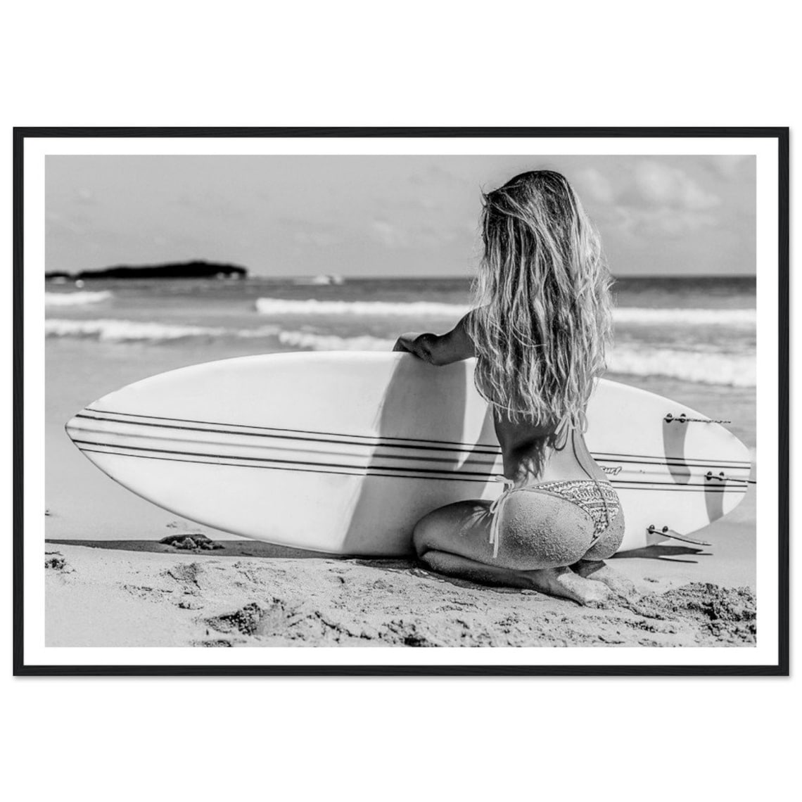 Black And White Surfer Woman Surfboard Beach Coastal Photo Poster