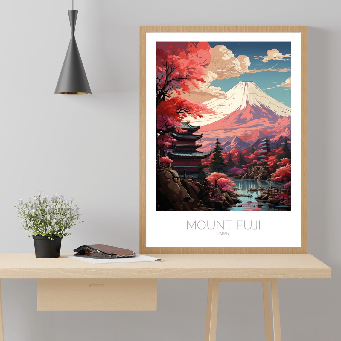 Mount Fuji Pagoda Cherry Blossom Red Sunset Japan Travel Poster - Image 2