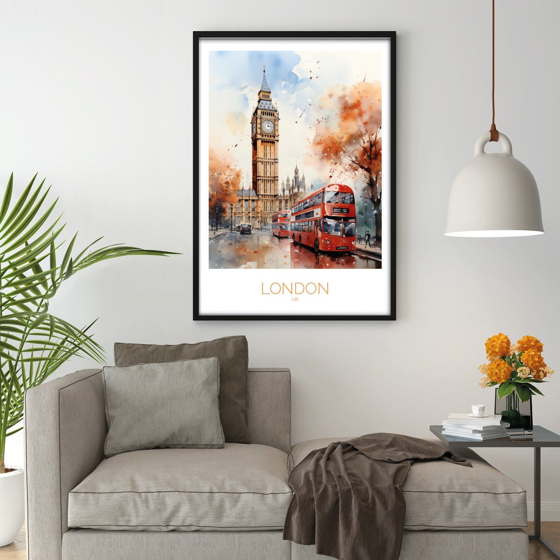 London Big Ben Red Double Decker Bus Watercolor Street Poster - Image 2