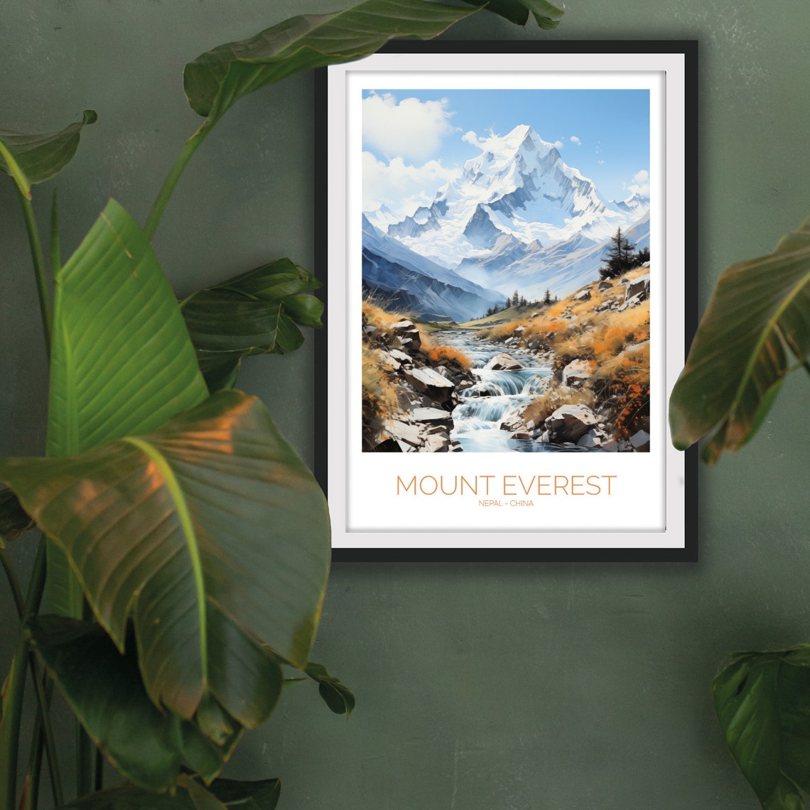 Mount Everest Watercolor Snow Peak Rocky Stream View Alpine Poster - Image 3