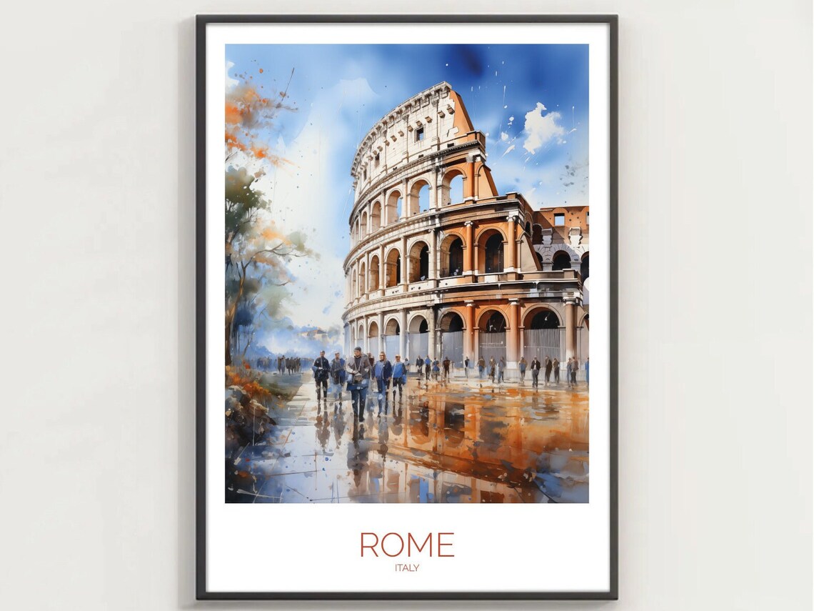 Rome Colosseum Italy Watercolor Street Wet Reflections Poster