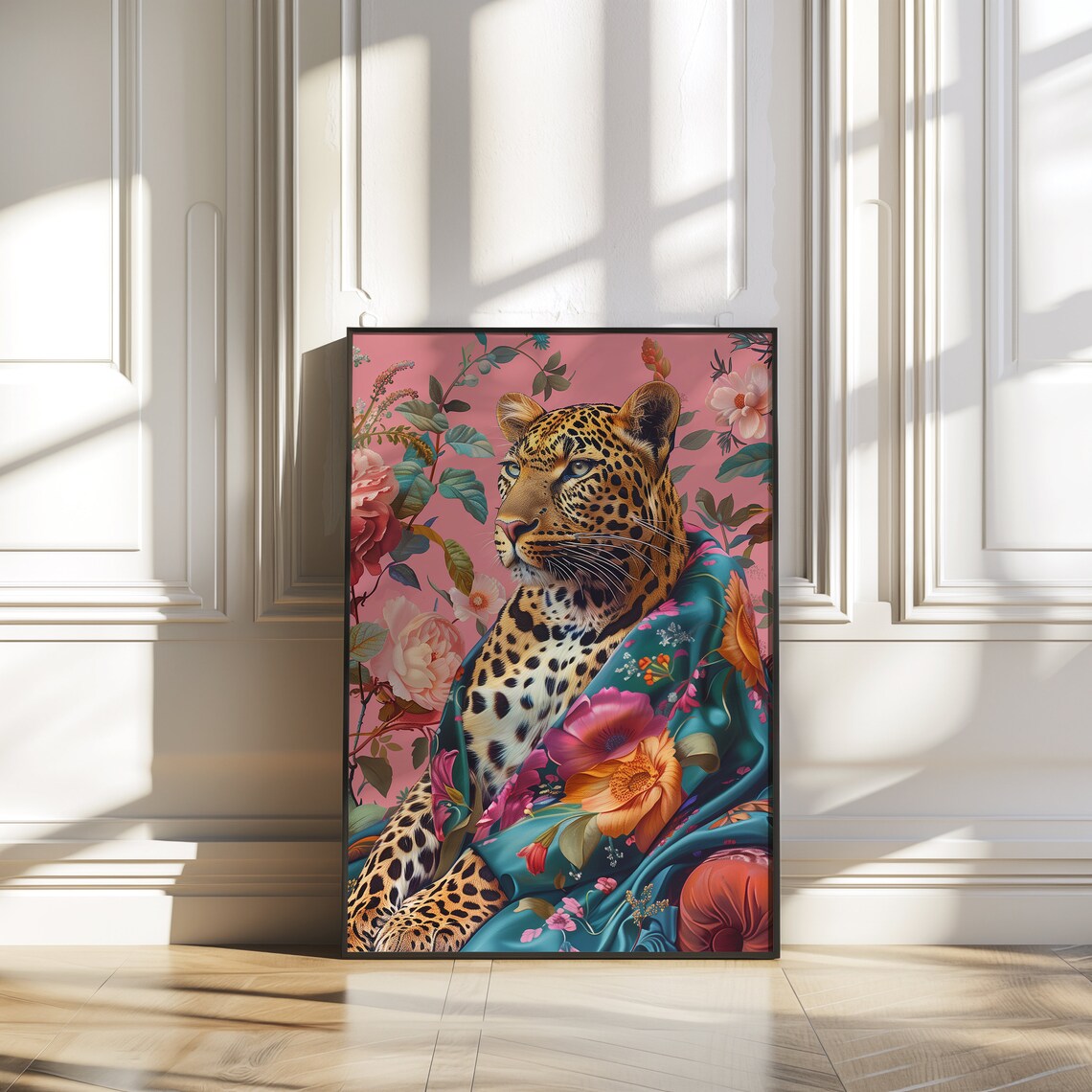 Bold Leopard Portrait With Floral Scarf Pink Maximalist Wall Art - Image 4