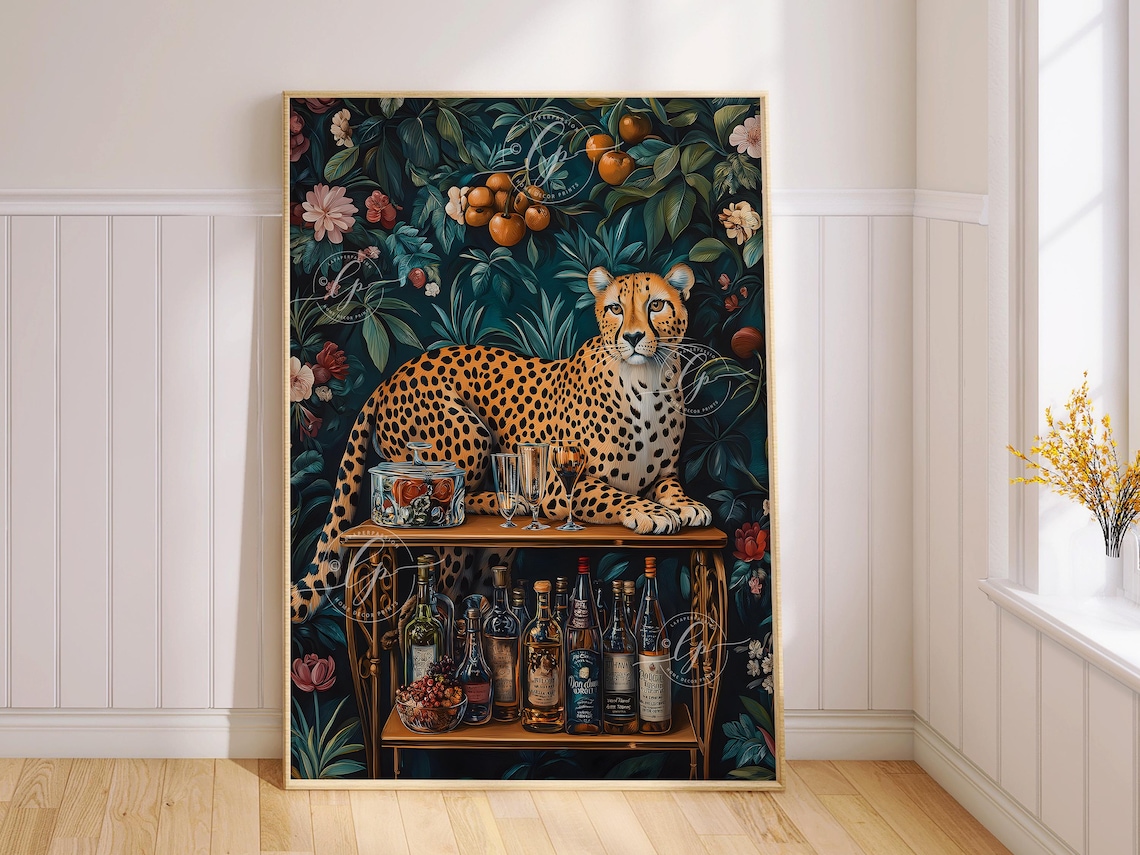 Leopard Lounging on Bar Cart Jungle Botanical Maximalist Animal Poster