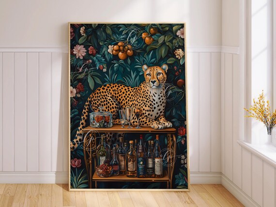 Leopard Lounging on Bar Cart Jungle Botanical Maximalist Animal Poster