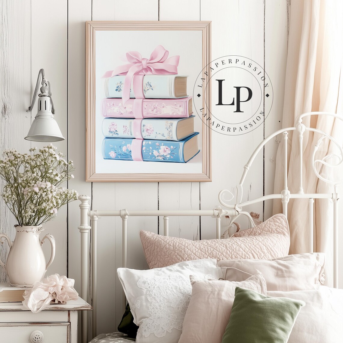 Pastel Stack Of Books, Whimsical Reading Nook Art Print - Image 4