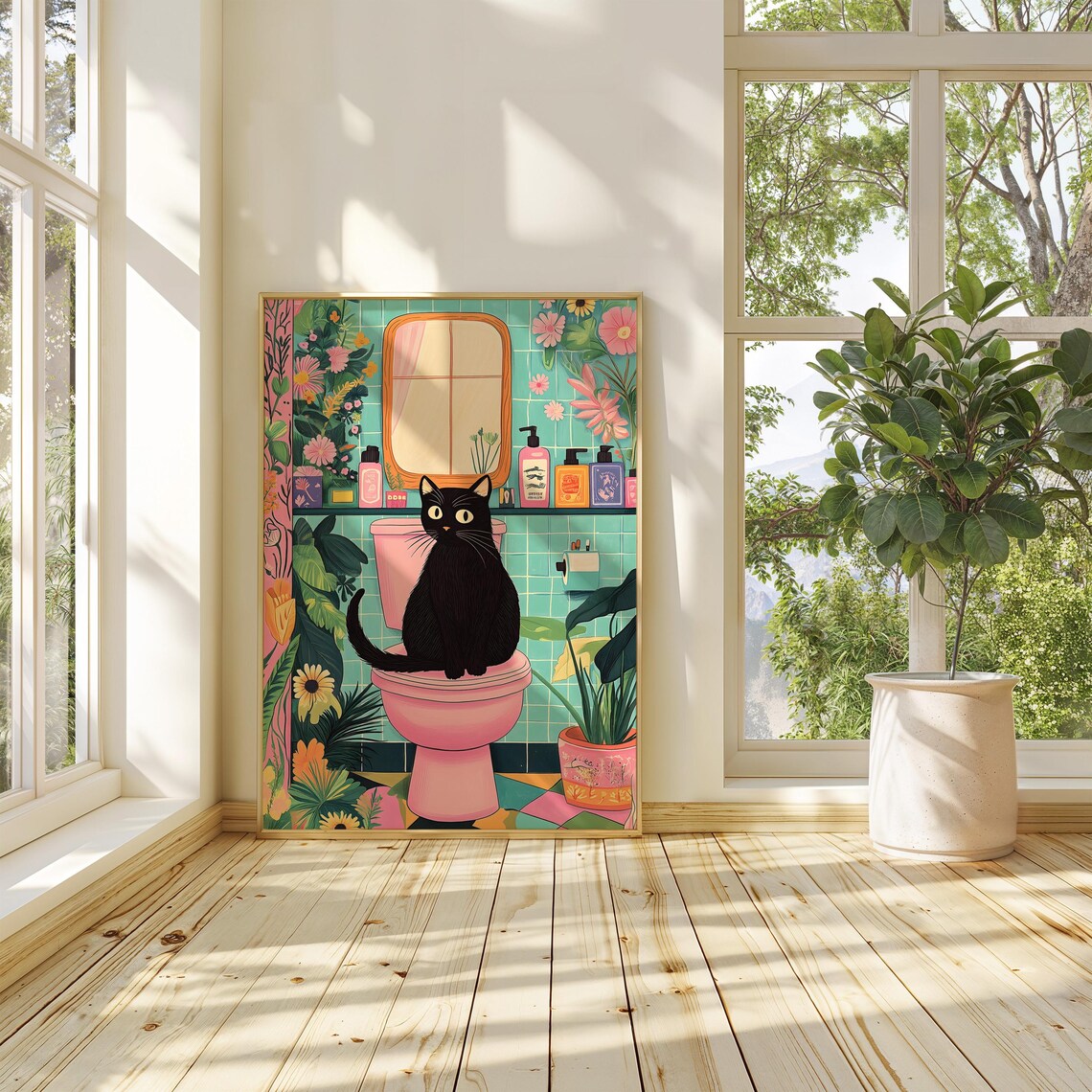 Black Cat Decor, Boho Botanical Bathroom Art - Image 3