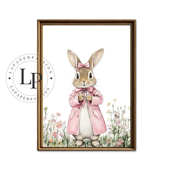 Watercolor Bunny in Pink Coat Among Wildflowers Nursery Poster