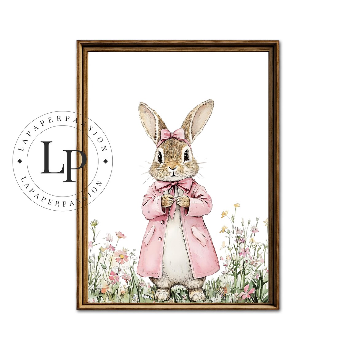Watercolor Bunny in Pink Coat Among Wildflowers Nursery Poster