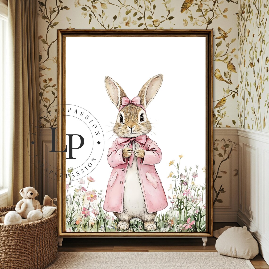 Watercolor Bunny in Pink Coat Among Wildflowers Nursery Poster - Image 3