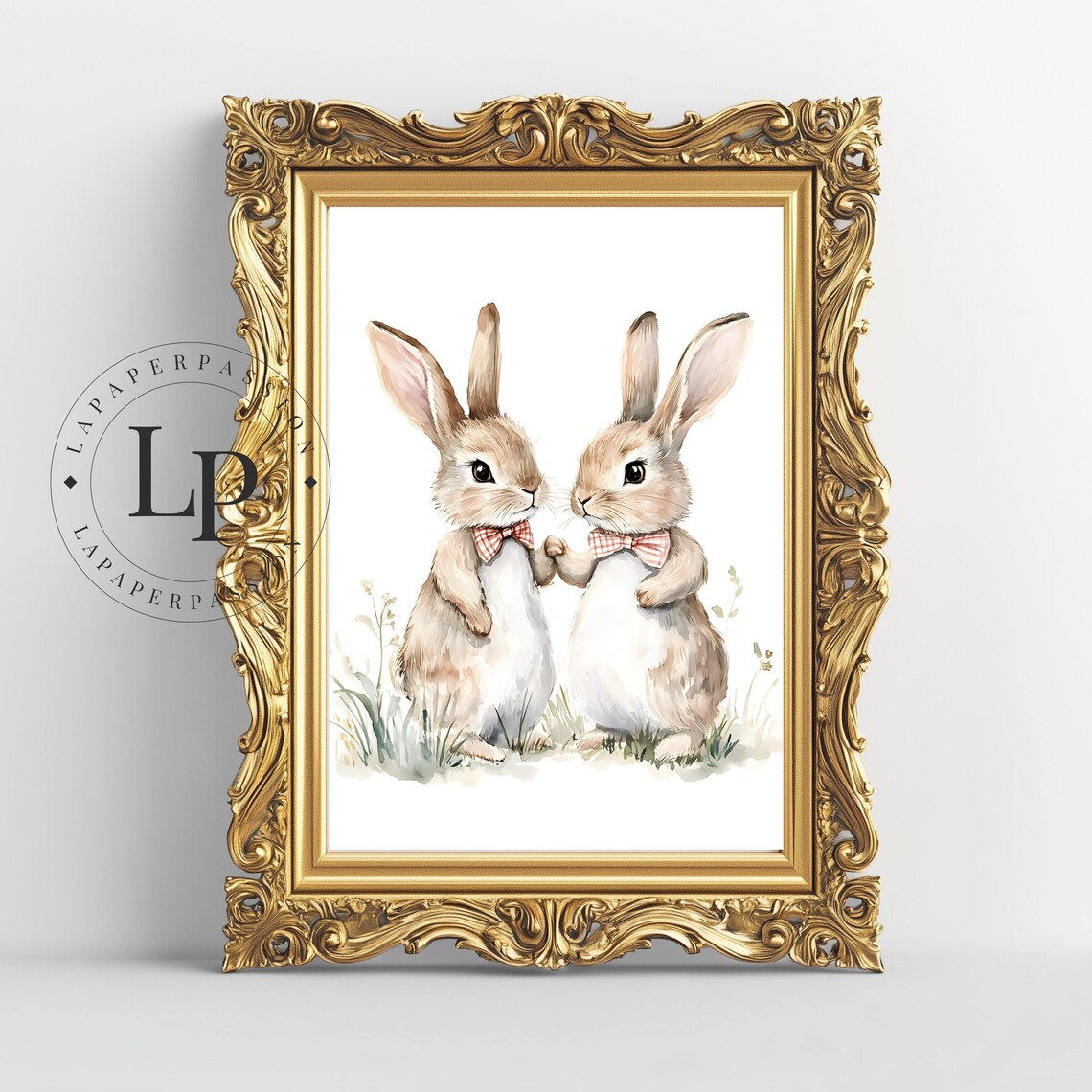 Cute Pair of Watercolor Bunnies with Red Bow Ties Nursery Poster - Image 4