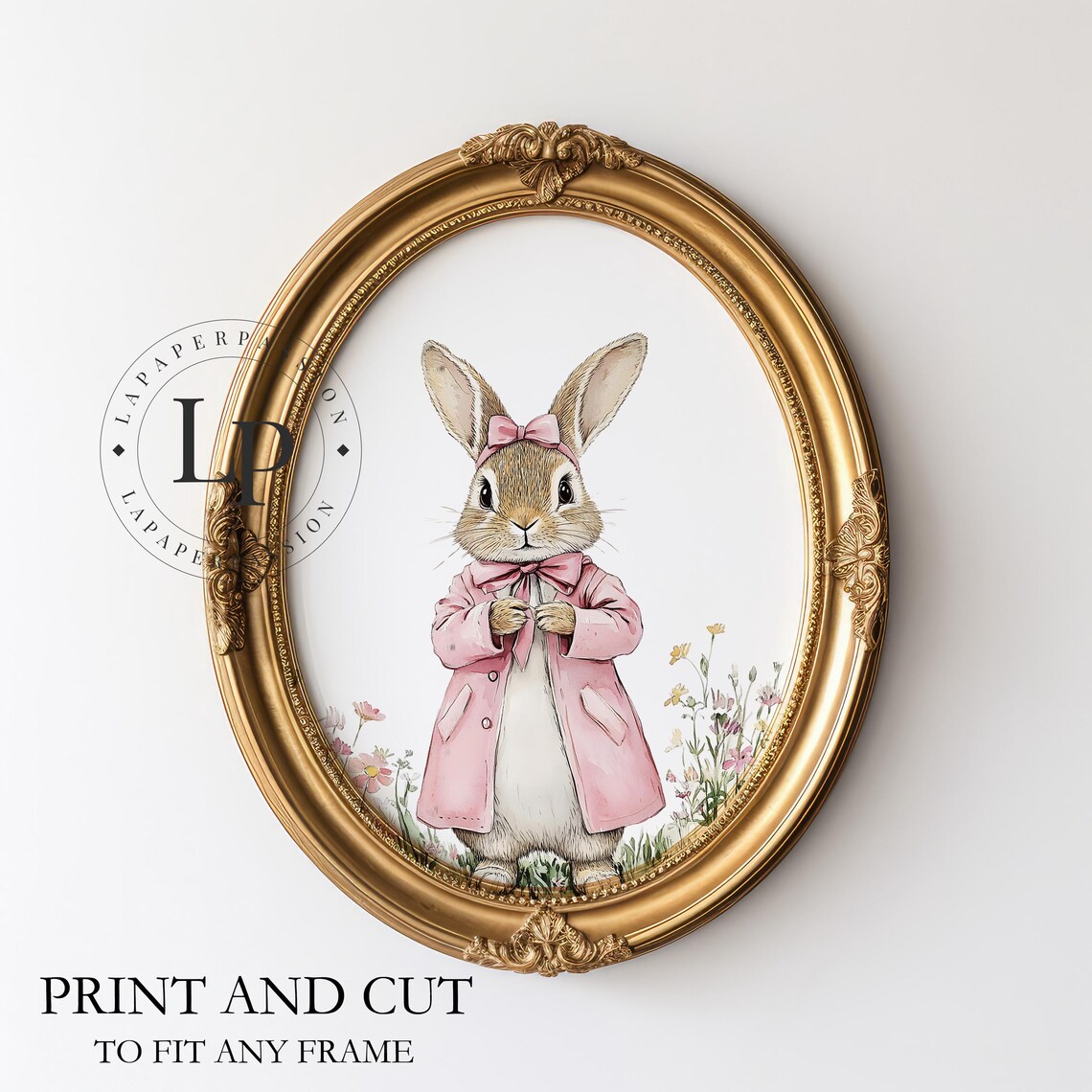 Watercolor Bunny in Pink Coat Among Wildflowers Nursery Poster - Image 2