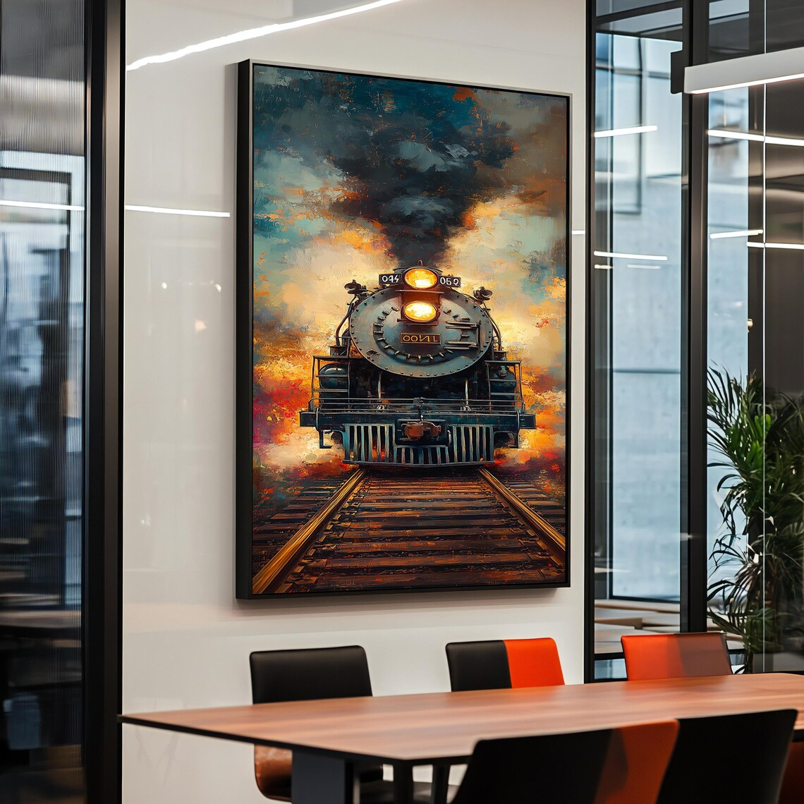 Vintage Steam Locomotive Painting Glowing Headlamp Fiery Poster