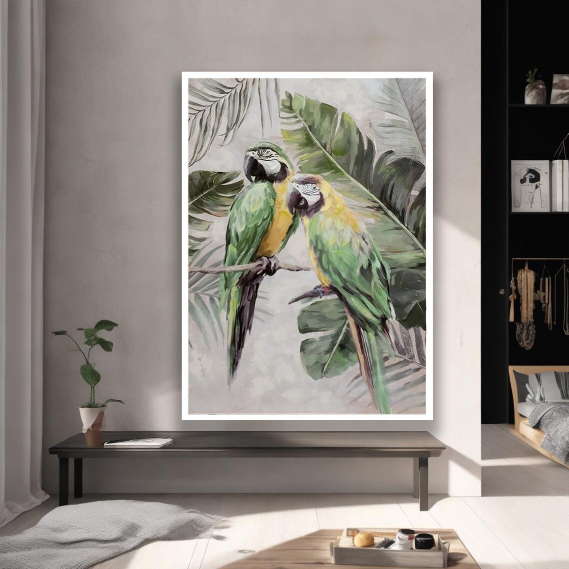 Colorful Two Green Parrots Tropical Palm Leaves Wildlife Art Poster