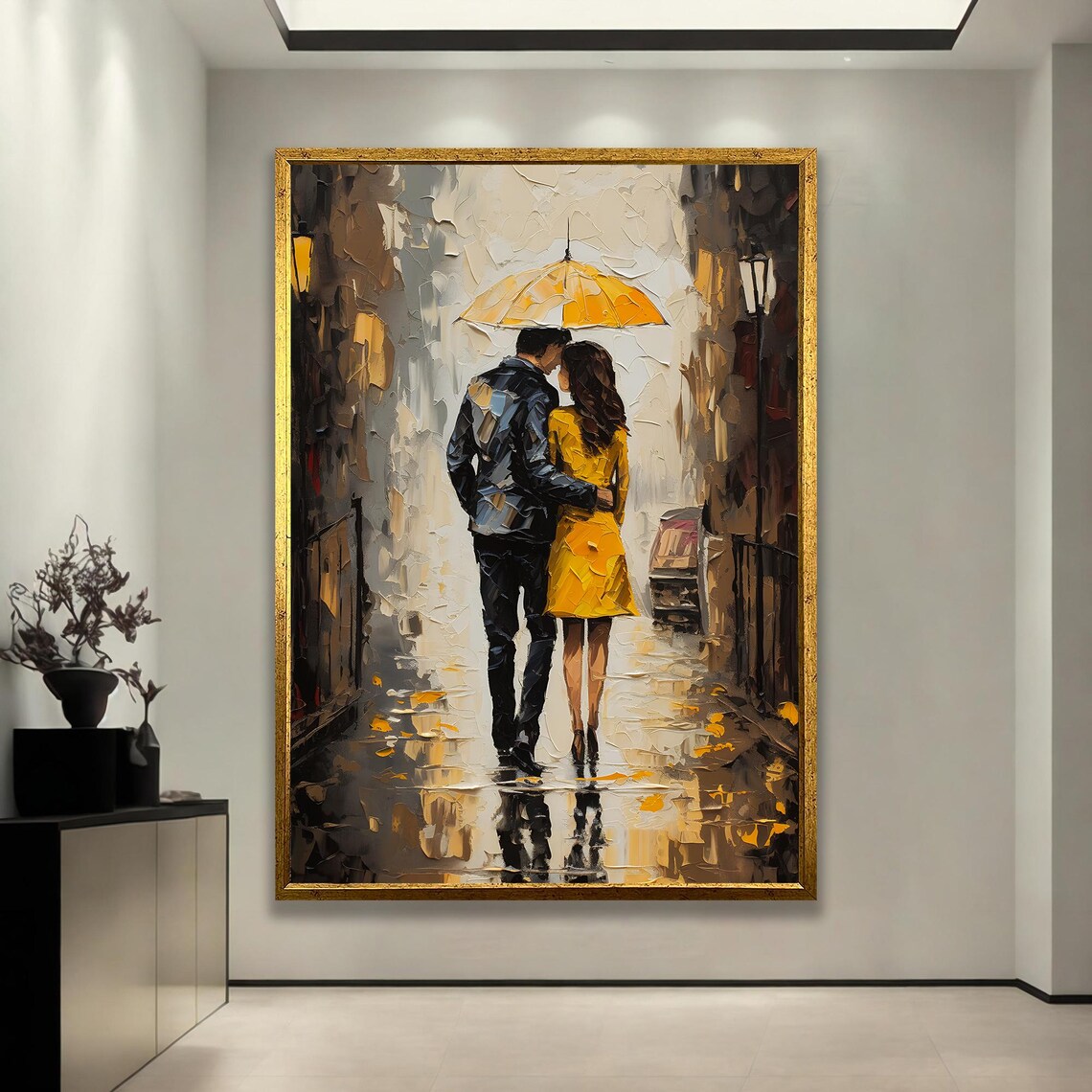 Couple Yellow Umbrella Rainy City Street Romantic Oil Painting Poster