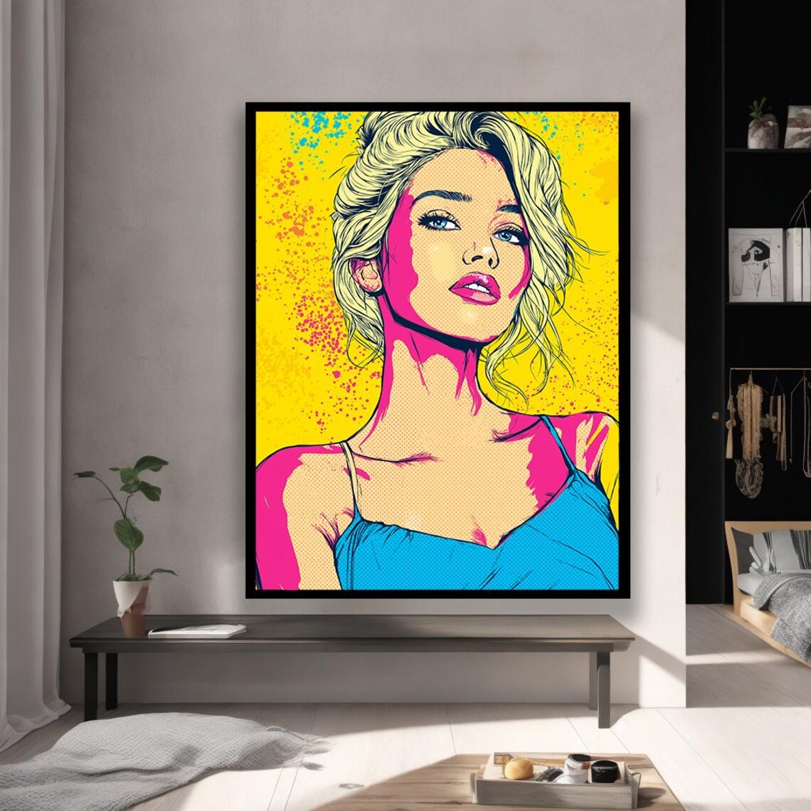 Pop Art Blonde Woman Blue Dress Yellow Background Vibrant Poster