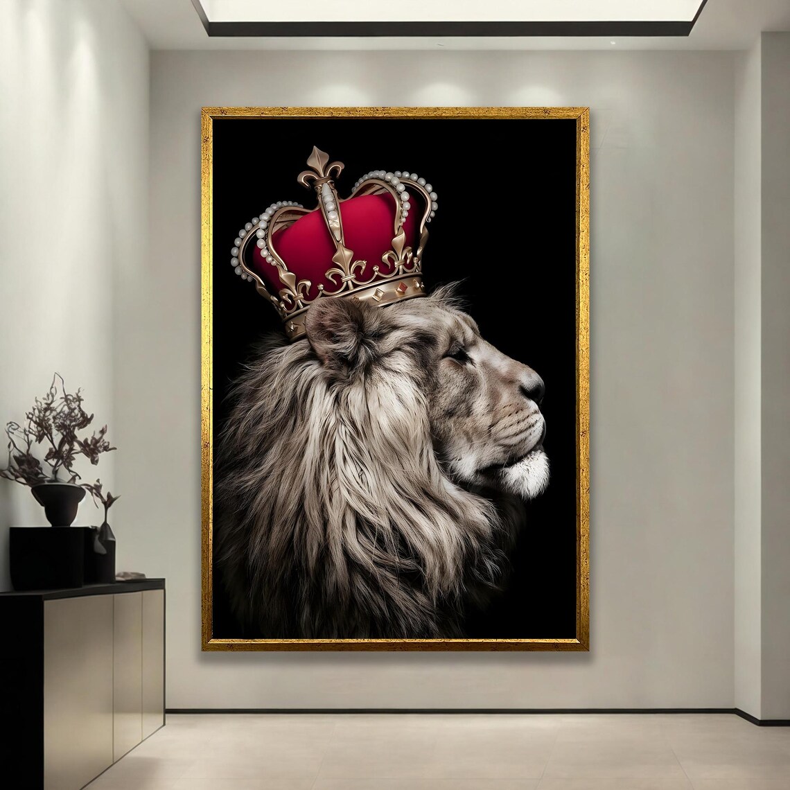 Majestic Crowned Lion Portrait Royal Gold Crown Black Art Poster