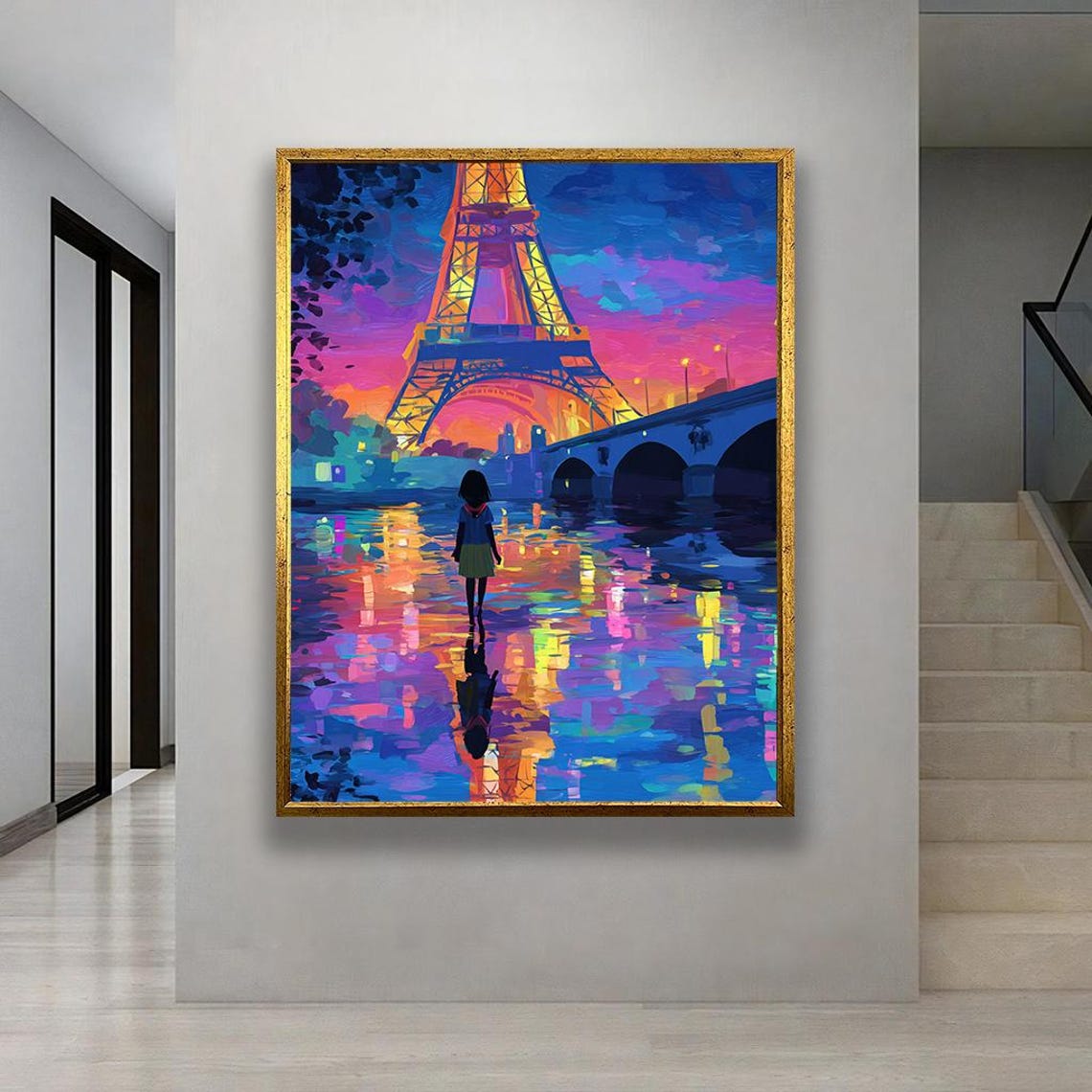 Eiffel Tower Paris at Night Vibrant Colors River Reflection Poster