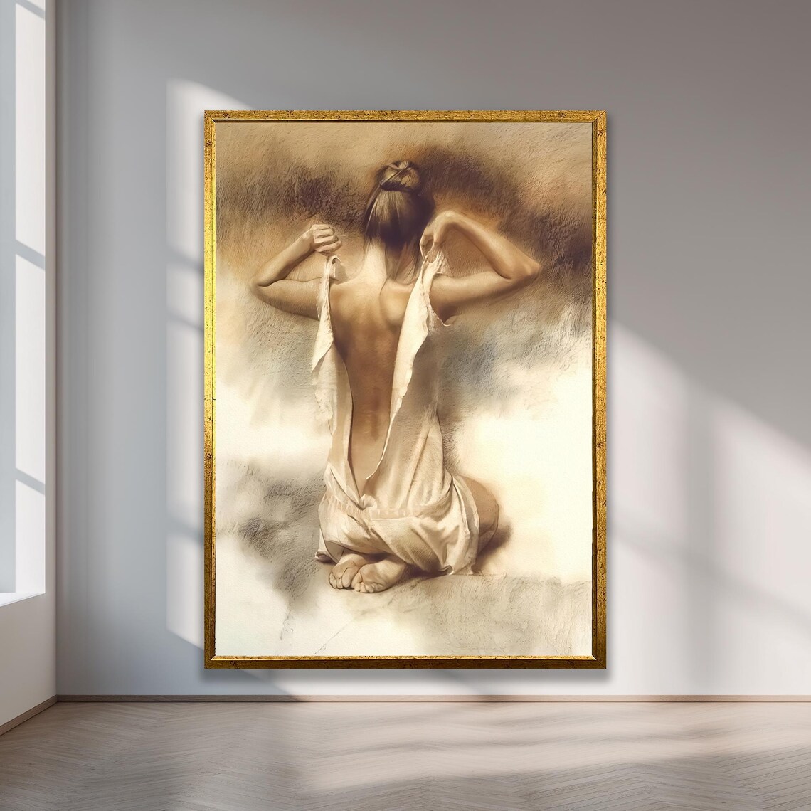 Romantic Nude Woman Sepia Tone Draped Fabric Classical Figure Poster