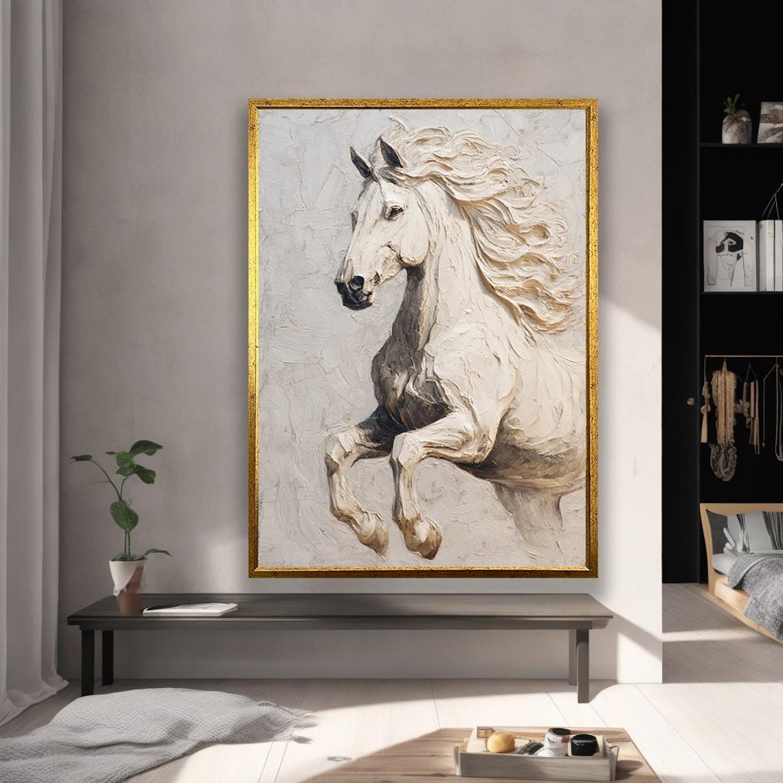 Framed White Horse Art Print Abstract Neutral Tones Ready To Hang