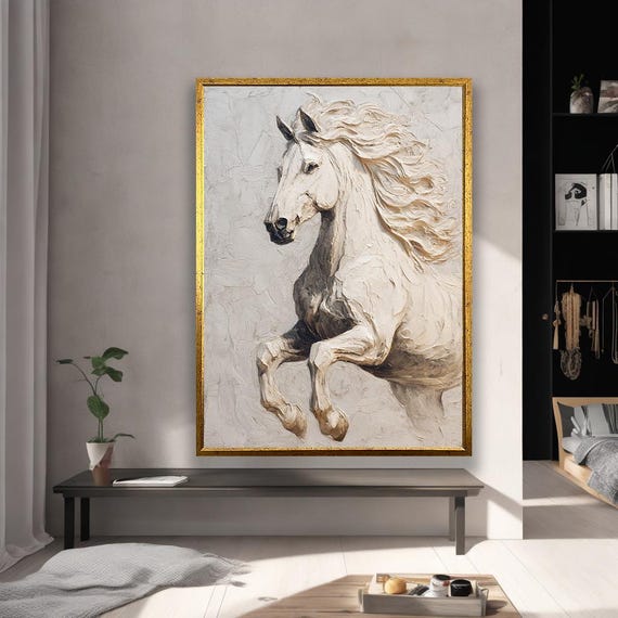 Framed White Horse Art Print Abstract Neutral Tones Ready To Hang