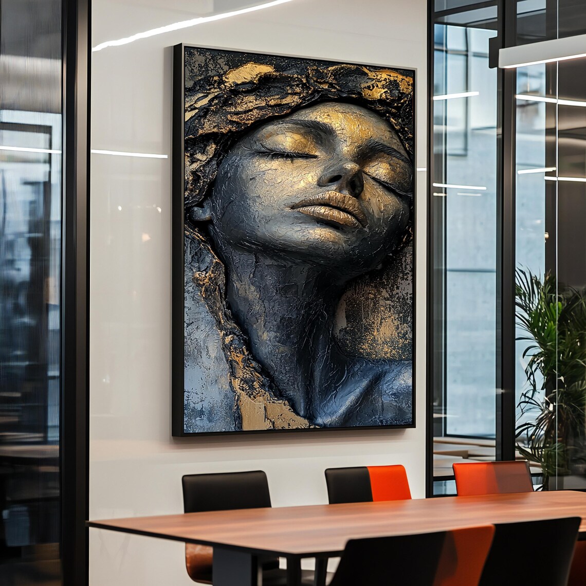 Gold Black Sculptural Woman Face Abstract Textured Modern Art Poster