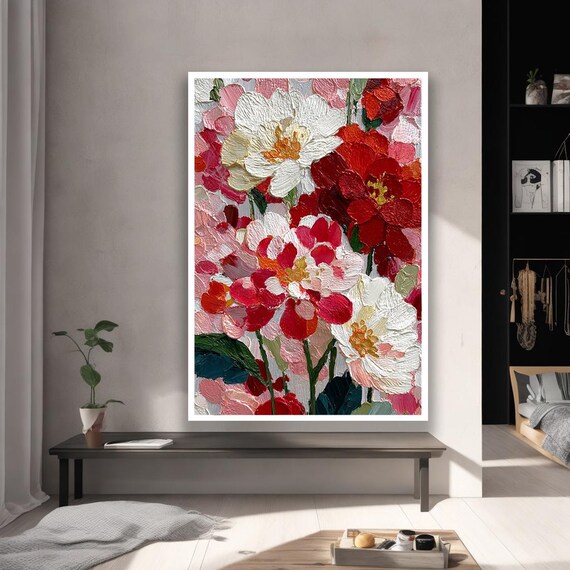 Red White Floral Impasto Painting Textured Flower Garden Poster