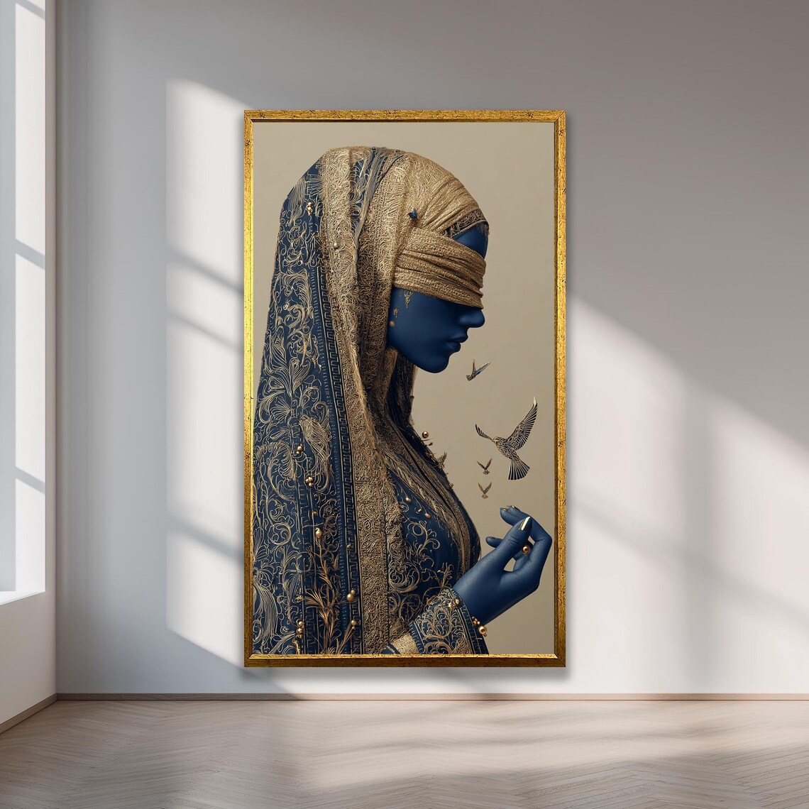 Blue Gold Arabian Woman Art Poster Elegant Arabic Style Birds Motif